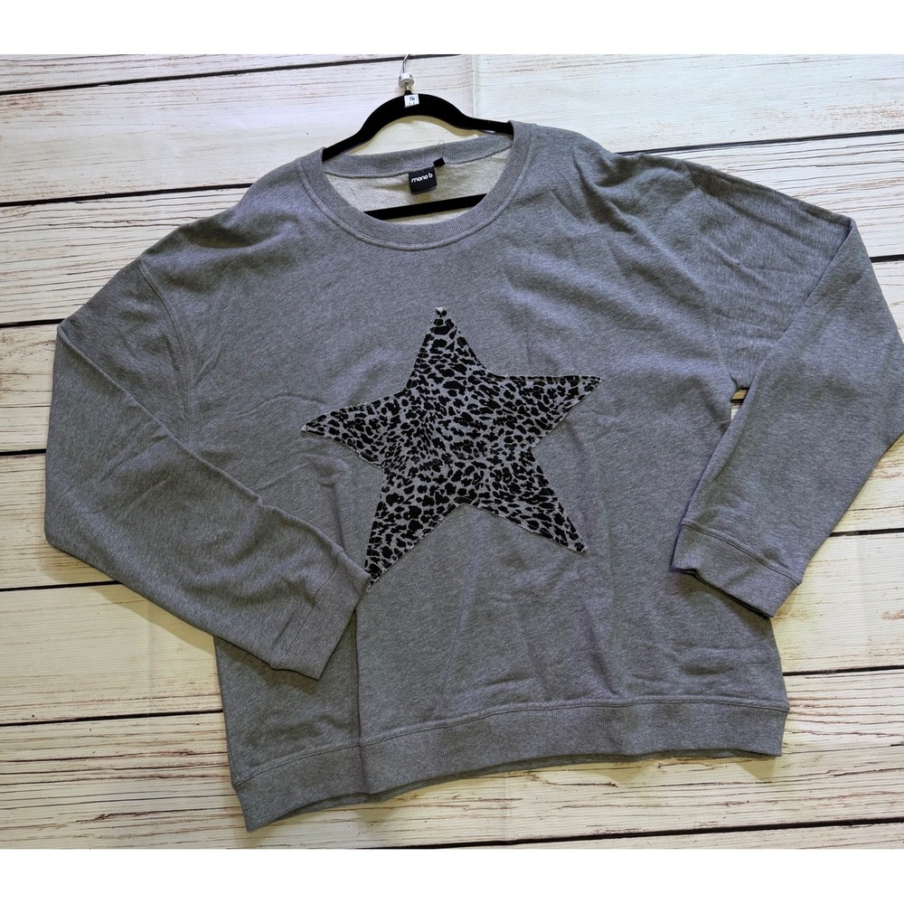 Mono B Womens Grey Leopard Star Patch Sweatshirt Plus Size 3XL Crewneck Pullover